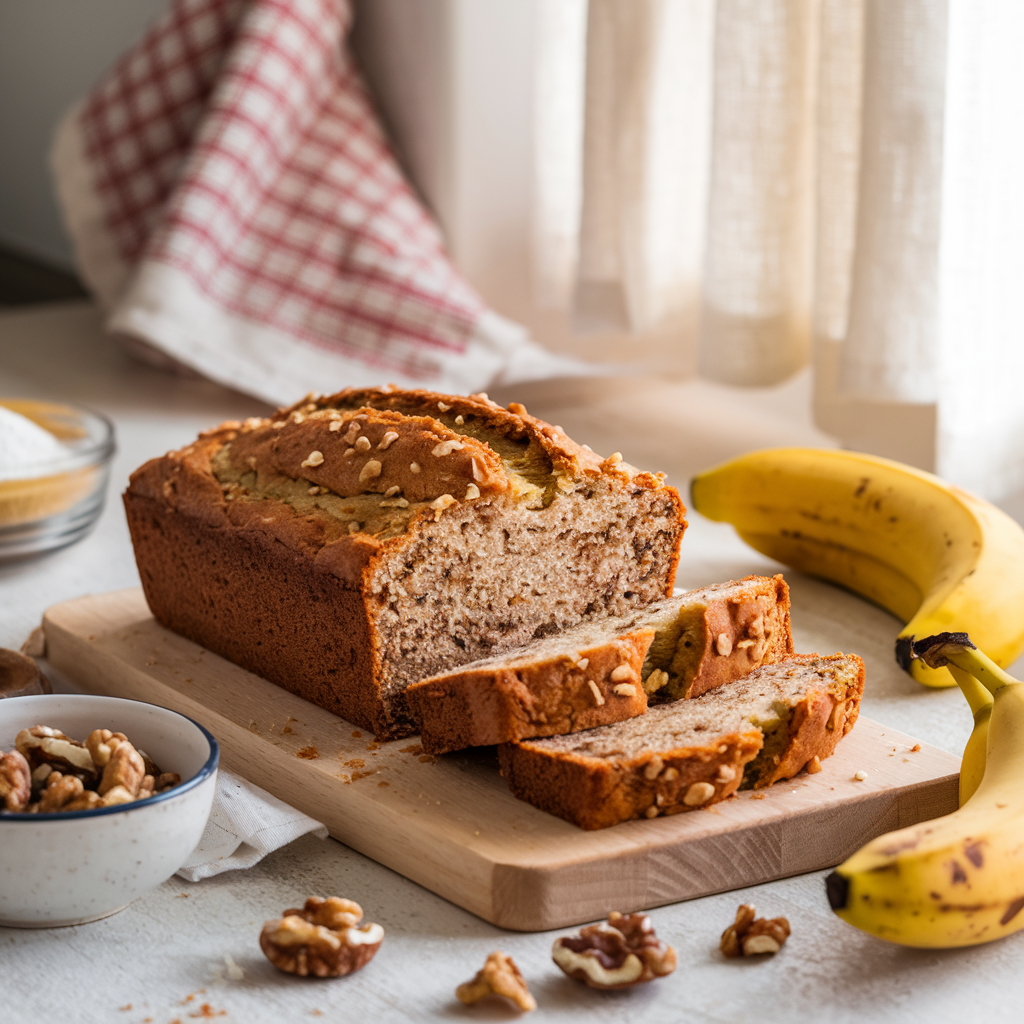 A freshly baked loaf of banana bread, sliced to showcase its soft and moist texture, sits on a wooden cutting board. Surrounding the bread are ripe bananas and a small bowl of walnuts, adding a rustic touch. The scene is set in a bright, airy kitchen with natural light filtering through a window, enhancing the warm and inviting atmosphere. A rustic dish towel and baking ingredients like flour and sugar are subtly placed in the background, highlighting the homemade charm.