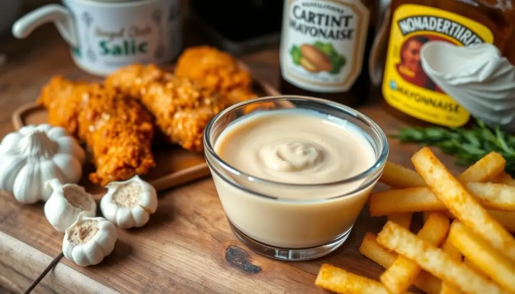 A mouthwatering close-up of a creamy, homemade Raising Cane's sauce in a small bowl, surrounded by golden, crispy chicken tenders and seasoned fries on a rustic wooden table, with fresh garlic, paprika, and black pepper scattered for an inviting touch.