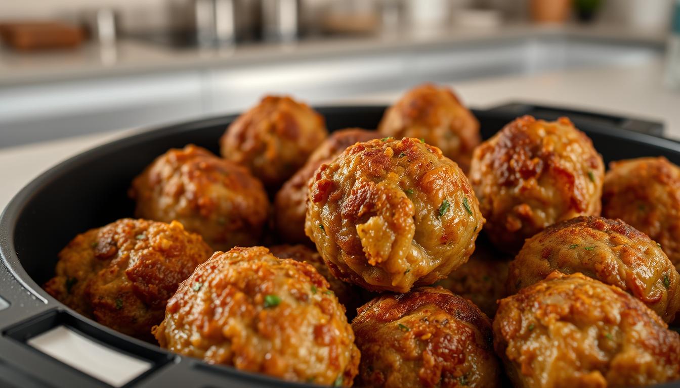 "A close-up of golden-brown meatballs cooked in an air fryer, showcasing a crispy exterior and tender interior, served on a white plate with a garnish of fresh herbs."