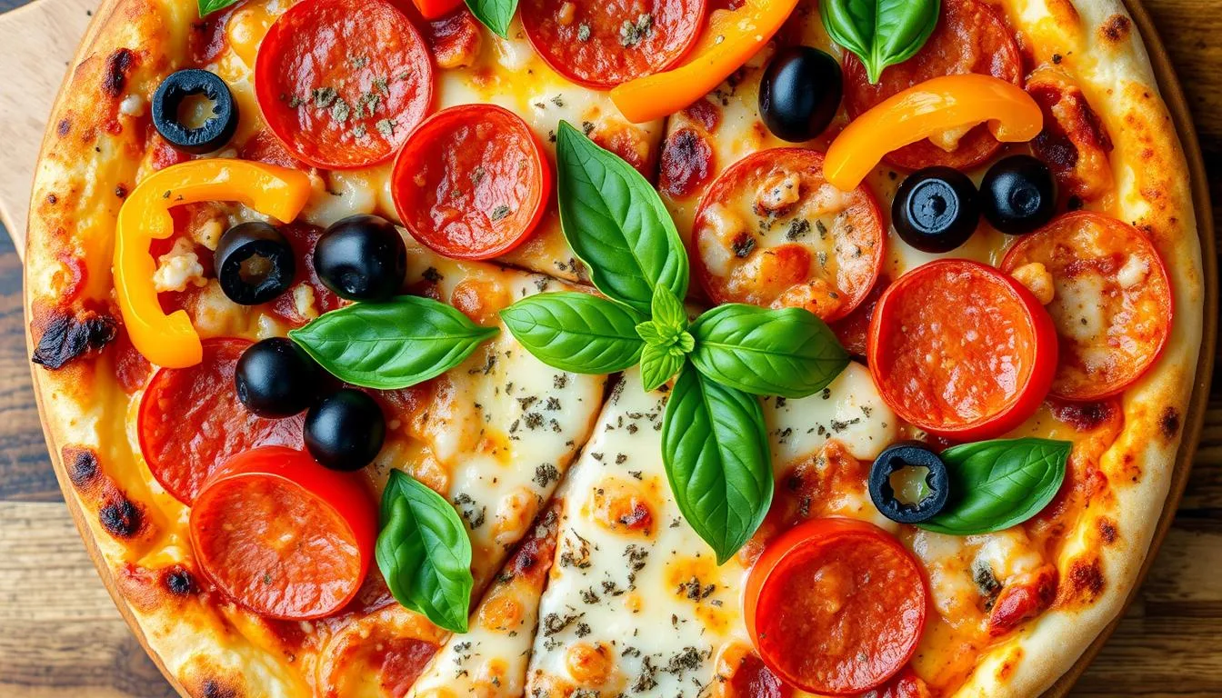 A freshly baked pepperoni pizza on a rustic wooden table, featuring a golden-brown crust topped with melted mozzarella cheese and vibrant pepperoni slices.