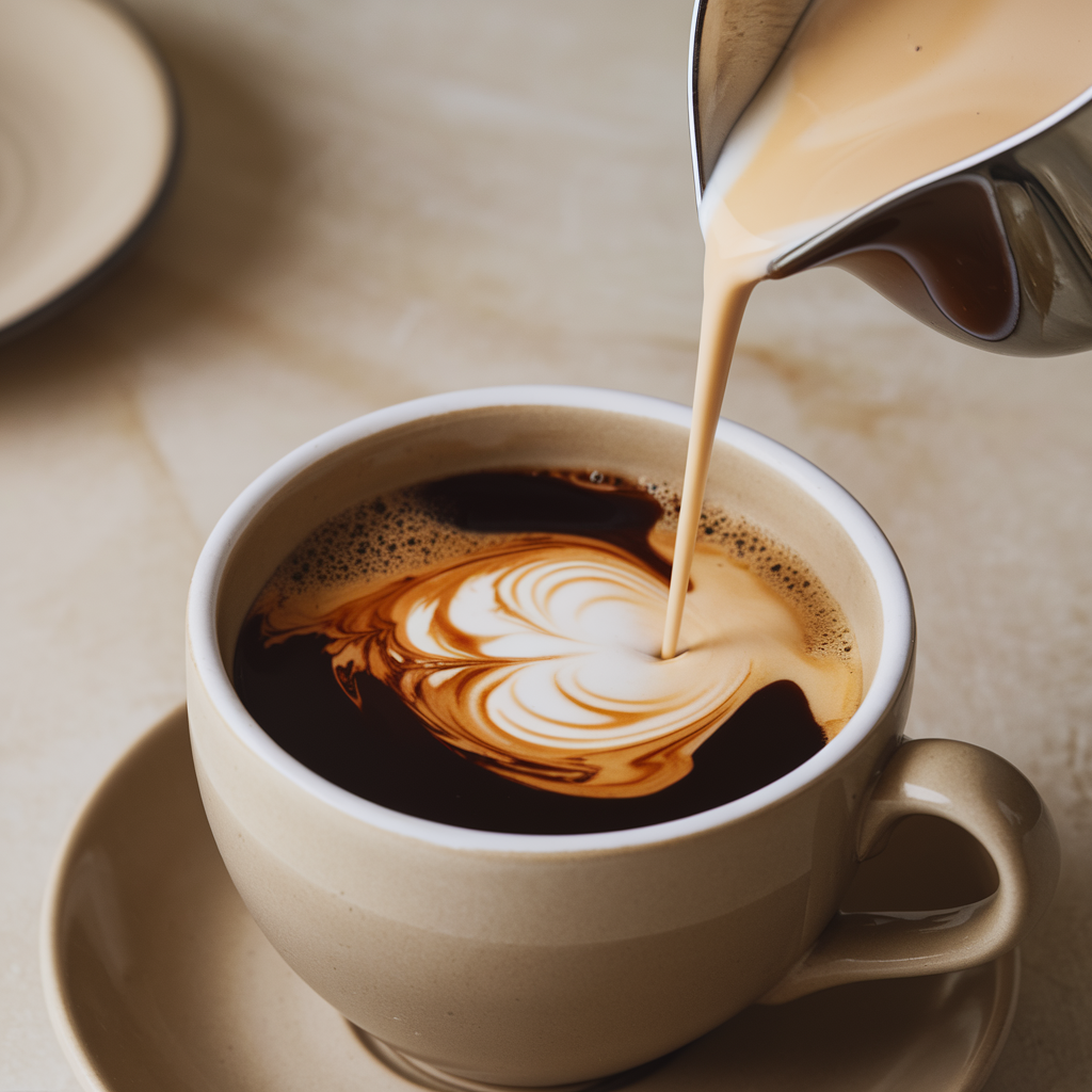 A close-up image of a cup of coffee creamer being poured into a steaming cup of coffee. The creamy liquid swirls as it mixes with the dark coffee, creating a smooth, rich texture. The scene is warm and inviting, with soft lighting highlighting the creamer's silky texture.